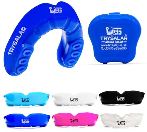 TrySalar Protège-dents pour boxe, homme, adulte, adolescent, malléable, sport de rughby, coupe ajustée, bouclier en caoutchouc avec boîte, MMA, hockey, basketball, Muay Thai Football (< 11 ans), bleu