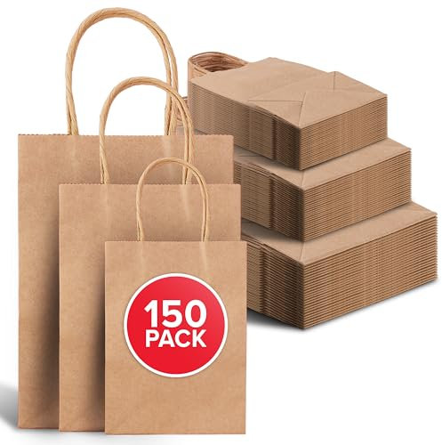 Stock Your Home Braune Kraftpapiertüten mit Griffen, Sortimentspackung (150 Stück), recycelte Papiertüten für kleine Unternehmer, Handwerk, Weihnachtsgeschenke und mehr, braune Papiertüten mit