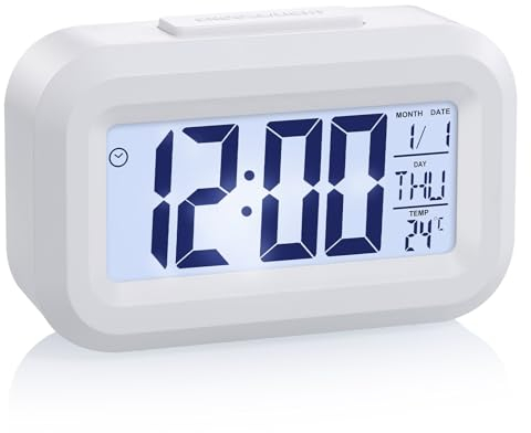 JIZZU LCD Digitaler Wecker, Smart Digitaler Wecker, Reisewecker mit Schlummerfunktion, 12/24 Stunden, Timer-Funktion, Batteriebetrieben für Schlafzimmer Home Office Reisen, Weiß