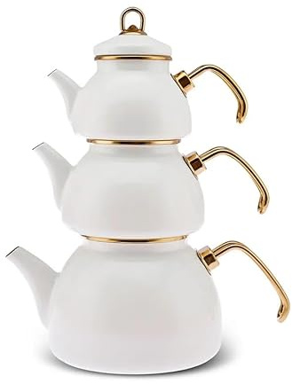 Karaca Retro Emaye Teekanne Set, 3 Stück, Creme - Hochwertige Emaille-Kannen für stilvolles Teetrinken und nostalgische Teepartys - Inhalt 0,50 l, 1,1 l und 2,3 l