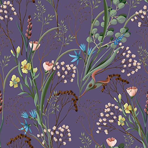 VEELIKE Tapete Blume Lila Wildblumen Blumentapete Vintage Selbstklebend Violett Fototapete Schlafzimmer Wohnzimmer 44.5cm×300cm