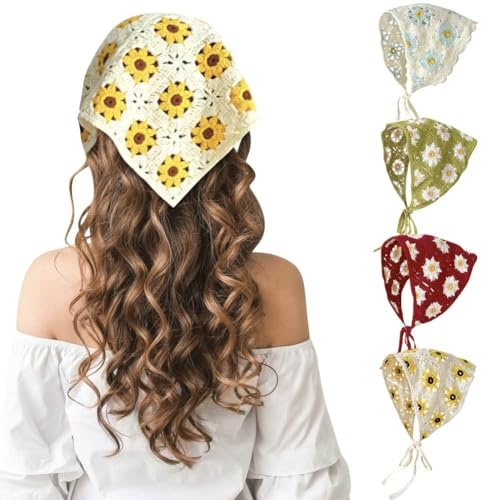 4 Stück Häkelhaarbandana, Gänseblümchen, Blumen-Haarschal, Boho-Kopftuch, Vintage-Stirnbänder, Dreieck-Haarband, handgefertigt, Haarschmuck für Mädchen und Frauen