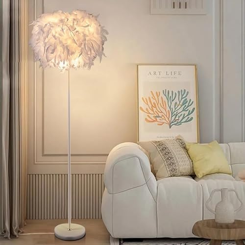 ELINKUME Stehlampe, elegante und modische Feder-Stehlampe, weiße moderne Feder-Stehleuchte für Schlafzimmer, Wohnzimmer, Arbeitszimmer, Kinderzimmer (E27-Lampenfassung, Pedalschalter)