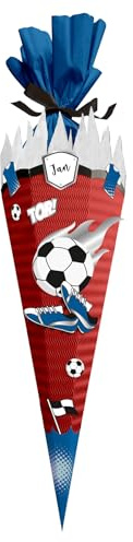 itenga Bastelschultüte Fussball - SCHULTÜTEN Bastelset FUSSBALL BLAU WEISS 68cm - 3D Wellpappe - für Fussball Fans in den Farben deines Lieblingsvereins (Schultüte rot)