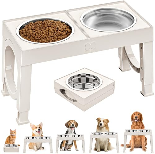 Aystkniet Raised Dog Bowls for Medium Large Dogs, 5 Height Adjustable Dog Bowl Stand to 8cm 23cm, 27cm, 31cm, 35cm, with 2 Stainless Steel Dog Food Bowl, Elevated Dog Bowls for Traveling