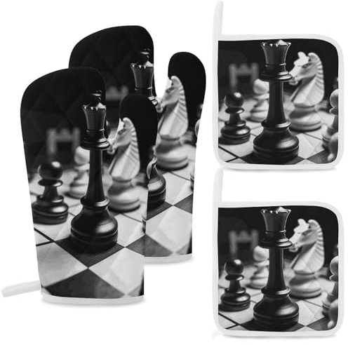Ofenhandschuhe und Topflappen-Set, 4-teilig, hochhitzebeständig, Küchenhandschuhe und heiße Pads, schwarz und weiß, Schach-Ofenhandschuhe, rutschfest, wasserdicht, Topflappen zum Backen, Kochen,