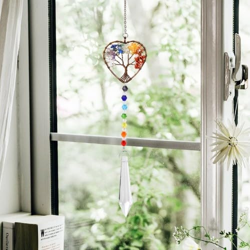 Ehuihuan Corazón arco iris atrapa el sol, decoración de ventana de cristal con árbol de la vida y piedras de chakra, atrapador de sol para jardín, ventana, coche – cristales colgantes