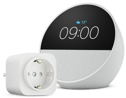 Amazon Echo Spot (Ultimo modello) | Bianco + Amazon Basics Presa intelligente, compatibile con Alexa - Kit di base per Casa