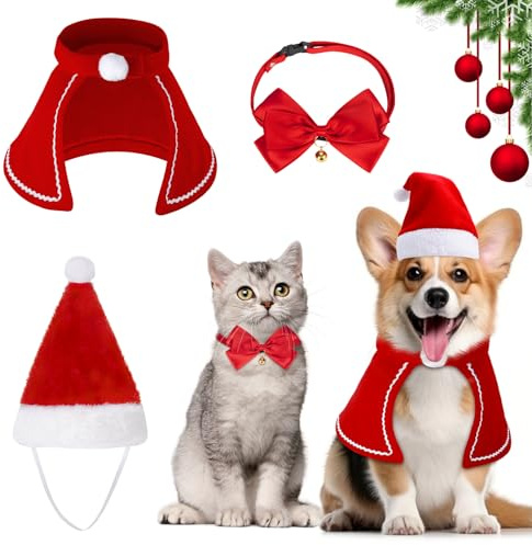 MELLIEX 3 Stück Weihnachten Katzenkostüm Hundekostüm, Katzen Hunde Weihnachtsmütze Mantel Fliege Halsband, Weihnachtskostüm Zubehör Set für Haustier