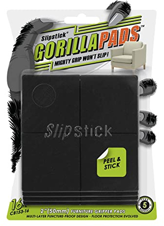 Slipstick GorillaPads Non Slip Furniture Pads/Gripper Feet Floor Protectors (Set of 16) Premium 50mm Square Self Adhesive Rubber Pads for Furniture Legs, Black, CB153-16