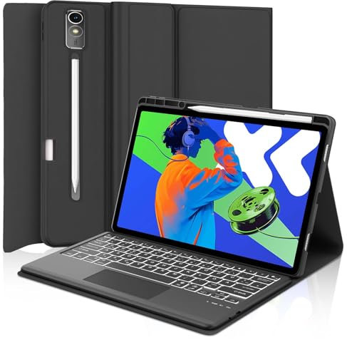 Hülle mit Tastatur für Lenovo idea Tab Pro 12.7 2025 con Touchpad, Bluetooth 7 Farbige Beleuchtung Magnetisch QWERTZ Tastatur für Lenovo Idea Tab Pro 12.7 Zoll 2025 (TB-373FU/TB-375FC), Schwarz
