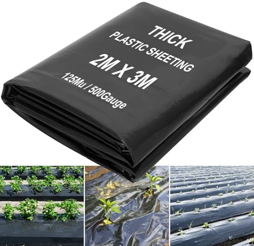 JNBGTU 2x3M Black Plastic Sheeting, Polythene Sheeting Heavy Duty, Thick Large Plastic Dust Waterproof Sheets, Garden Grow PE Cover Sheets for Gardening Insulation Building Rubble Protection
