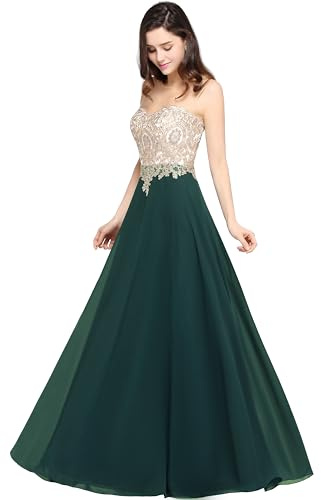 MisShow Women's Vintage Chiffon Bridesmaid Dress,Chiffon A line Sleeveless Round Neck Appliques Floor Length Prom Dress Dark Green 10