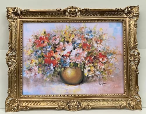 Gemälde Blumenbild stillleben 90x70 Blumen in Vase Gold Rosen Bild Barock Rahmen