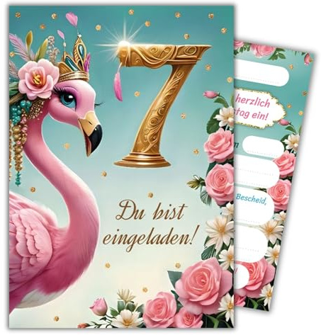 JuNa-Experten 12 Einladungskarten zum 7. Kindergeburtstag Mädchen Flamingo coole bunte Einladungen siebte Geburtstag Mädchengeburtstag