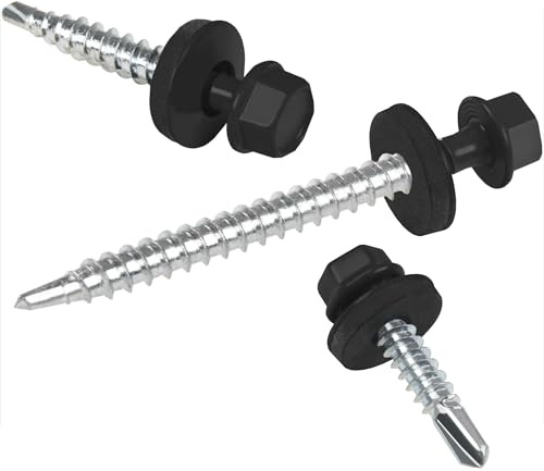 Vis pour tôles trapézoïdales PAROTEC, vis autoperceuses et autotaraudeuses avec rondelle d'étanchéité EPDM, tête hexagonale, 4,8 mm x 70 mm, RAL 8019 Marron foncé, 200 pièces