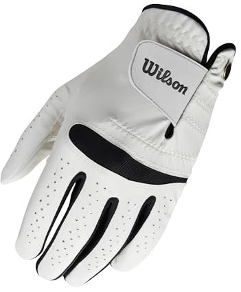Wilson Feel Plus Herren-Golfhandschuh, Premium-Leder, Verbesserter Grip und Schweißkontrolle, Weiß, Größe S (Linke Hand)