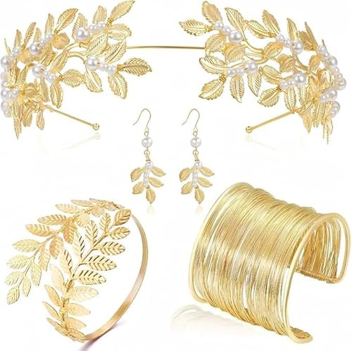 4 Pièces Déesse Grecque Bijoux, Serre Tete Couronne de Laurier Femme Fille Or, Bracelet Bras Manchette Doré Boucles d'Oreilles Déesse Grecque Costume Accessoires Déguisement Bandeau Cheveux Diademe
