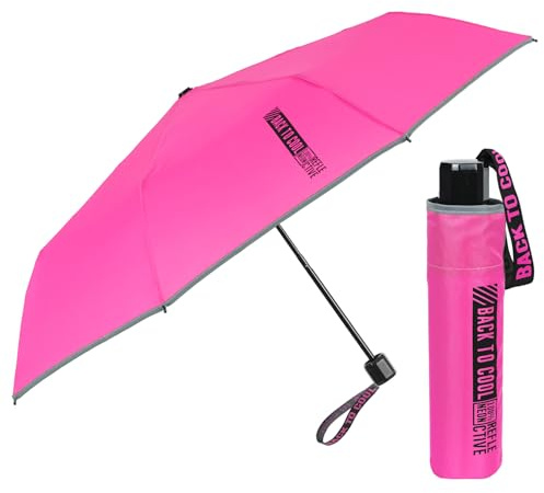 PERLETTI Klein Kinder Regenschirm Pink für Mädchen - Rosa Kinderschirm Reflektierend mit Rosa Pink Lila Motiv - Taschenschirm Kompakt Windsicher Sturmfest 7+ Jahre - Durchmesser 91 cm