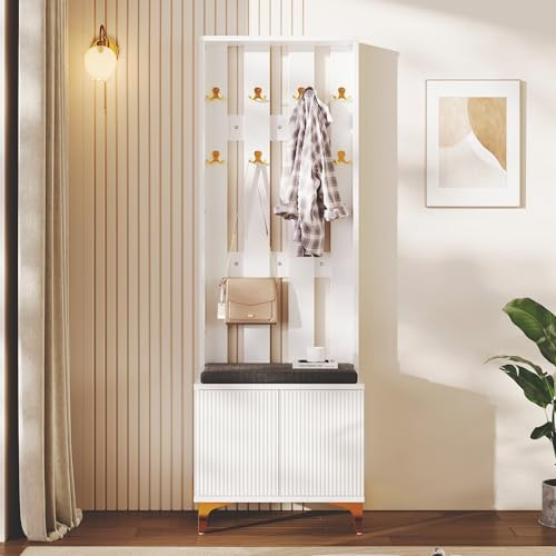 LARFOEK Garderobenset Wandgarderobe mit Schuhbank und Kissen, Flurgarderobe mit 8 Kleiderhaken, für Flur und Eingangsbereich, 60,5x35,2x180,5 cm, Weiß