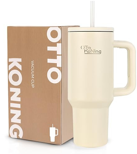 Otto Koning Vaso Térmico 1,2L (40oz) – Termo Café para Llevar Acero Inoxidable Doble Pared – Mantiene Frío 16h y Calor 12h – Botella Agua Sin BPA con Pajita y Asa Ergonómica para Coche y Oficina