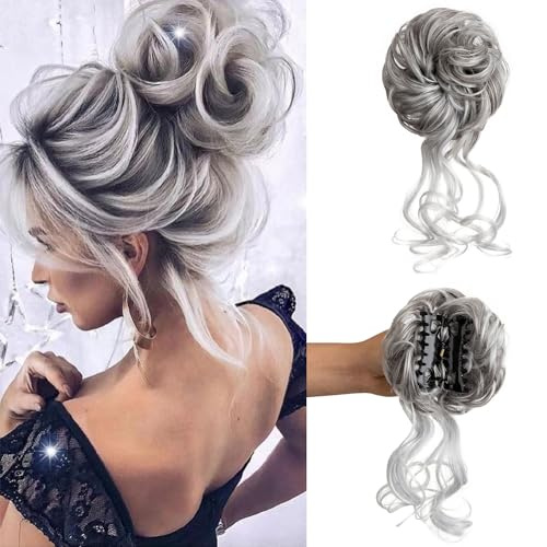 Haarteil für Hochsteckfrisuren, Klaue, Dutt, Haarteil, elastischer Kordelzug, synthetische Claw Clip Messy Bun Hair Piece Tousled Updo Hair Buns Extension für Damen (Silver Grey)