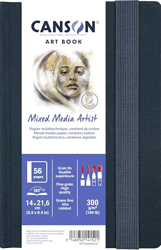 Canson Mixed Media Papier Art Book, feine Körnung, 300 g/m², an der langen Seite gebundenes Buch, Hardcover, 14 x 21,6 cm, Weiß, 28 Blatt
