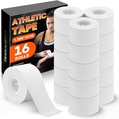 16 Pack Athletic Tape, White Sports Tape for Wrist Ankle Protection, Sports Tape Athletic No Sticky Residue, Easy to Tear Gymnastics Tape for Soccer, Football, Training Supplies (1.5 x 160 Yards)