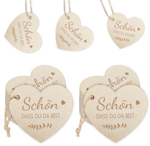 Glamifyr 30 Stück Holz Geschenkanhänger,Schön Dass Du Da Bist Anhänger,Holz Herz Geschenkanhänger Personalisiert,Herz Holzanhänger mit 5m Seil,Tischdeko,für Hochzeit,Taufe,Geburtstag,Party,Babyparty