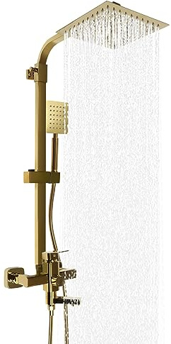 QUIOTUIR Duschsystem Gold aus Messing mit 360 ° drehbarer Dusche, Handbrause, Badewannenarmatur, höhenverstellbar, Duschsäule für Häuser, Hotels, Schulen, Fitnessstudios