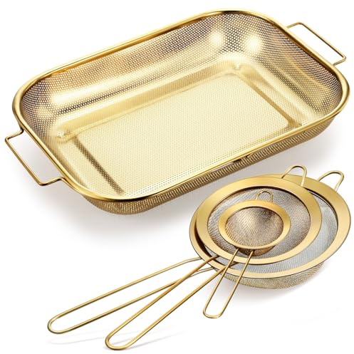 LemonRoad Gold Over the Sink Colander with Expandable Handles and 3 Pcs Gold Fine Mesh Strainer Large Stainless Steel Colander Strainer Basket for Kitchen Accessories (15-18.1 L x 10.6 W x 2.4 H)