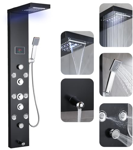 RUITHOE Rainfall Shower Tower System, 304 Stainless Steel Matte Black with Handheld Massage Body Jets, LCD Temperature Display Wall-Mounted All-in-One Bathroom Spa Upgrade (12x8x47)