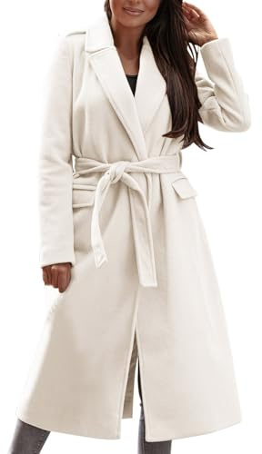 Generisch Langer Damen Mantel für Winter mit V-Ausschnitt Bindegürtel weicher Wolle für modische Eleganz bequeme Passform