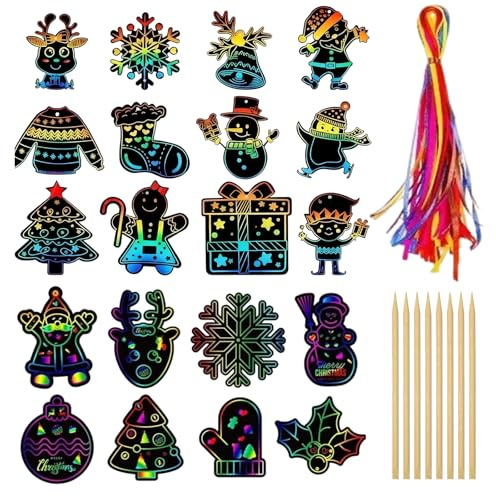 60 Stück Weihnachten Kratzbilder für Kinder, Weihnachten Basteln, Regenbogen Scratch Art Set Kratzpapier zum Basteln, mit Holzstiften und Bändern Für Weihnachtsdeko, Adventskalender Füllung für Kinder