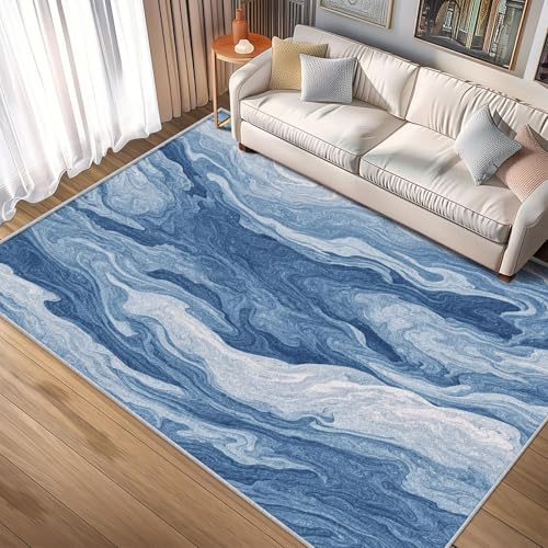 AUWUUA Blau-Weißer Marmor-Teppich für Wohnzimmer 120x170cm Orange-Türkis gestreift Kunstlandschaft Dünner weicher Rutschfester Bodenteppich für Esszimmer Schlafzimmer