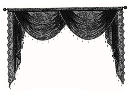 Cantonnière cascade avec pompons en perles 59 x 41 cm - Rideaux en dentelle noire florale vintage - Rideau gothique semi-transparent avec passe-tringle - Pour Halloween, chambre à coucher, salon -