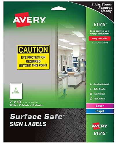 Avery Printable Warning Signs, 7 x 10, Water/Chemical Resistant, 15 Removable Labels (61515)