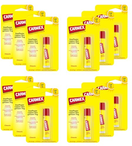 Carmex Lippenbalsam Stick - Feuchtigkeitsspendende Lippenpflege für geschmeidiges Aussehen, 12 x 4,25g | Kultige US-Lippenpflege für Damen & Herren, beruhigender Balsam für geschmeidige Lippen, empfohlen von Make-up-Profis.