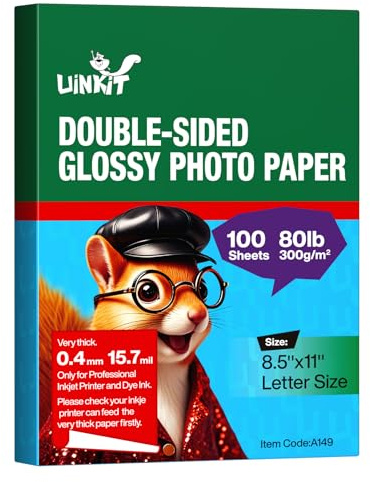 Uinkit 100 Sheets 8.5x11 Letter Size Thick Heavyweight Photo Paper Double Sided Glossy Cardstock 80LB 300Gsm 15.7Mil Brochure, Only for professional Inkjet Printer and Dye Ink (100)