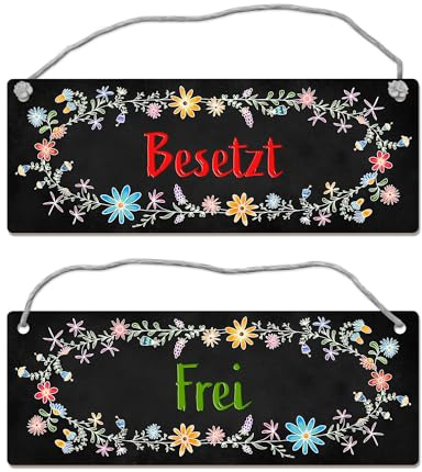 Schwarzes Toilette ist frei oder besetzt Wendeschild mit Blumen Motiv und Kordel