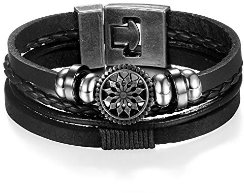 Flongo Lederarmband Männer Armband Frauen Armreif Freundschaftsarmbänder BFF Armbänder für 2 Schwarz Braun Totenkopf Dollar Sonnenblume