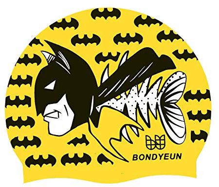 BONDYUEN Swim Cap Fit Kids Boys Girls Men Women with Short or Medium Hair Fun Cute Design Patterns Silicone Swimming Caps (Yellow/bat)