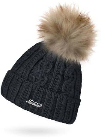 Neverless® Damen Strick-Mütze mit Innenfutter Fleece Fell-Bommel Kunstfell Bommelmütze Zopfstrickmuster Umschlag