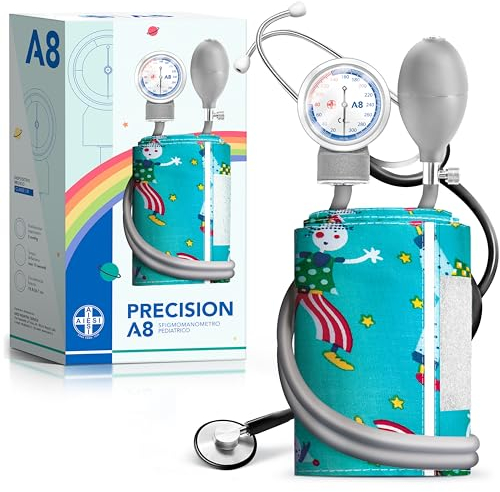 AIESI® Sfigmomanometro Manuale Pediatrico professionale aneroide modello classico con stetoscopio piatto per bambini PRECISION A8, Garanzia Italia 24 mesi