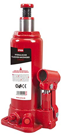 STIER Hydraulik Flaschen-Wagenheber, hohe Belastbarkeit von bis zu 2 Tonnen, mit langem Pumphebel, Car-Jack, Hubhöhe bis 345 mm, geschweißter Flaschenwagenheber, kompakt