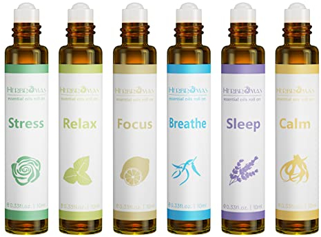 HERBROMAS-Aromatherapie ätherische Öle Roll On Set, gebrauchsfertige natürliche vorgetrübte ätherische Ölmischung, Entspannung Geschenk für Frauen und Männer, 6-Pack x 10ml für den Heimgebrauch