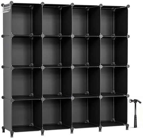 Neprock 16 Cubby Storage Organizer, Closet Clothes Storage Organizer, Cube Shelves Closet Organizers and Storage Shelves for Clothing Storage with Hammer, Bookshelf for Kids（Black）