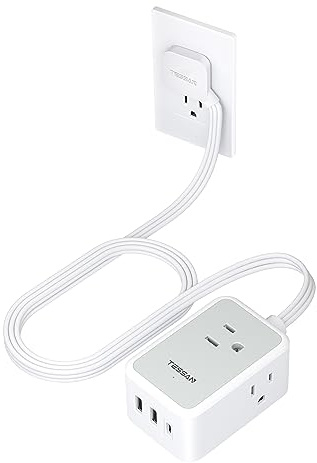 TESSAN Small Flat Plug Power Strip, Ultra Thin Extension Cord 5 ft, 3 AC Outlets with 3 USB Ports (1 USB C), Multiple Wall Outlet Extender for Cruise Travel Office School Dorm Room Essentials