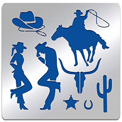 BENECREAT 15.6x15.6 cm Edelstahl-Schablonen Mit Western-Cowboy-Muster, e Kreative Aushöhlungs-Zeichnungsvorlage Für Heimwerker, Gravur, Scrapbooking