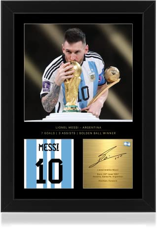 Lionel Messi Feier zur Weltmeisterschaft 2022 - Wandbild mit A4-Foto, mit reproduzierter digitaler Signatur, Geschenk für Fußballfans